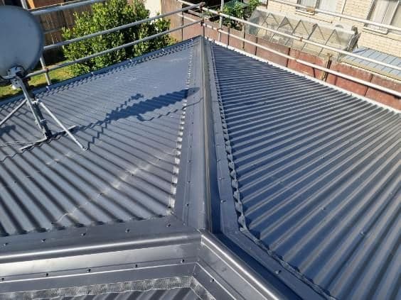 Fresh dark corrugate hip roof beside native bush